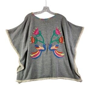 Judith March Embroidered Bird Fringed Gray Knit Poncho Shrug Small Boho Artsy